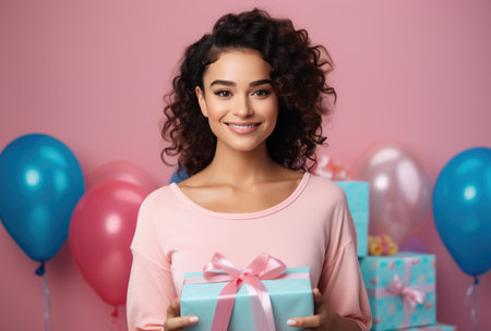 young woman with presents in hand smiling on pink background.の素材