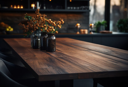 wooden dining table in a modern kitchen.の素材
