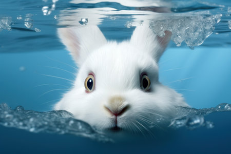 white rabbit peeking at something through a blue background.の素材