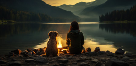 woman sitting next to fire with her dog, rocks, lake.の素材
