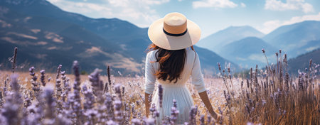 woman in hat in a field of lavender.の素材