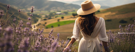 woman in hat in a field of lavender.の素材
