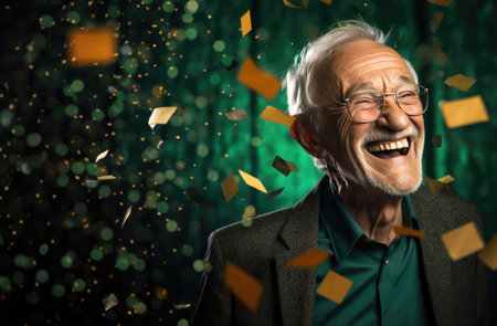 an old man smiles with confetti falling on him.の素材