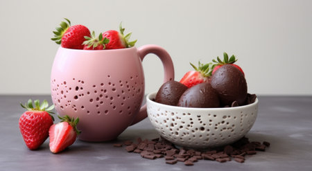 chocolate easter egg decoration with chocolate cup and strawberries.の素材
