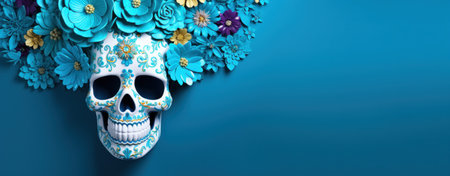 colorful flower-shaped plastic sugar skull on blue background.の素材