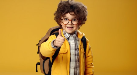 child pointing and holding a backpack boy.の素材