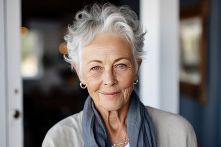 elderly woman smiling with long hair in white shirt.の素材