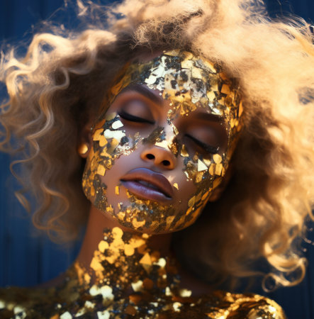 girl with gold face paint and glittering hair,.の素材