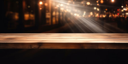empty wooden wooden table in front of the black walls restaurant.の素材