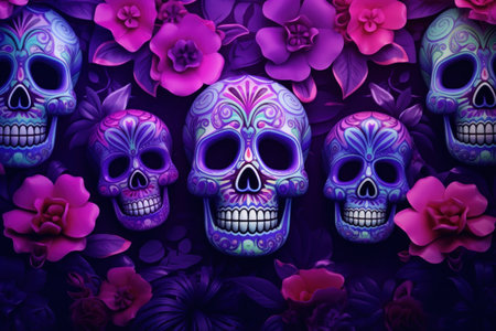 day of the dead flower skulls on dark purple.の素材
