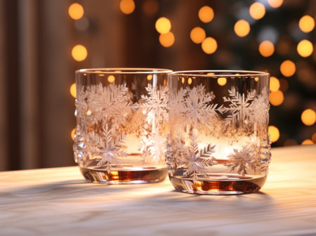 couple of glasses with ornaments of snowflakes on table in winter.の素材
