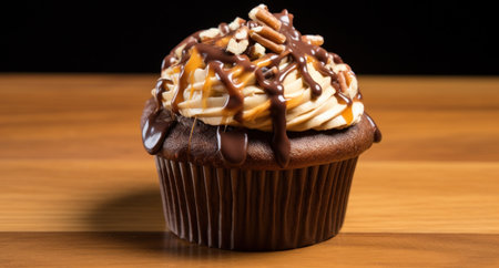 cupcake with chocolate, walnut and caramel toppings on a wooden table.の素材