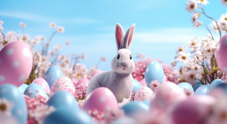easter rabbit on easter eggs with flowers.の素材