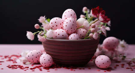 in a basket are colored eggs, flowers and a ceramic pot.の素材