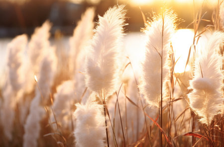 grass with white blooms is in the evening sunlight.の素材