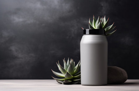 image of an empty skin care bottle standing on a gray table with succulent.の素材