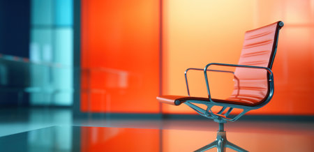 in an office with colorful walls, a bright orange chair lies against glass.の素材