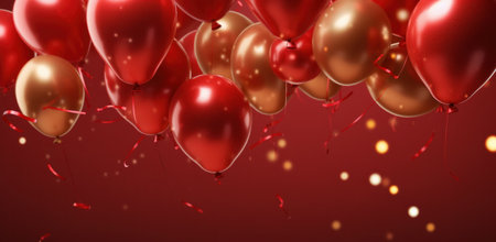 red glitter balloons floating over a red background.の素材