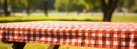 Checkered tablecloth on a picnic table in the park.の素材