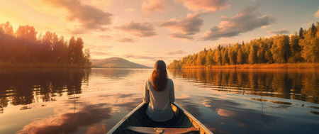 person in the boat sitting on front of a lake looking out.の素材