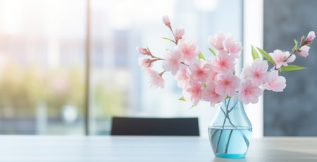 pink flowers in vase on desk of office.の素材