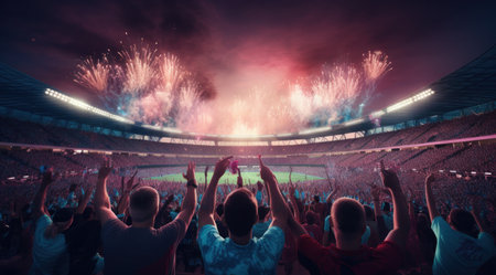 people celebrating for the big match at sports stadium football fans.の素材