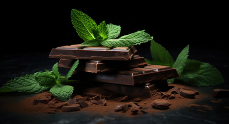 some chocolate pieces and mint leaves on a dark background.の素材