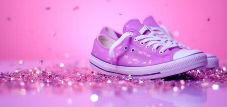 shoes on a pink background with sparkling glitter.の素材