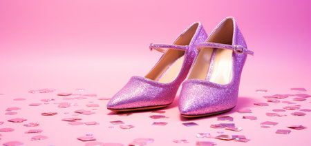 shoes on a pink background with sparkling glitter.の素材
