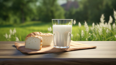 two glasses of milk and a loaf of bread on a wooden table with grassy surroundings.の素材