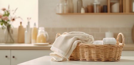 wicker basket with laundry on a kitchen counter.の素材