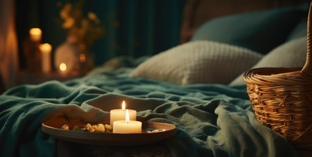 a bed with candles and basket on it.の素材