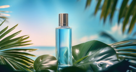 a bottle of natural cosmetic on top of tropical palms.の素材