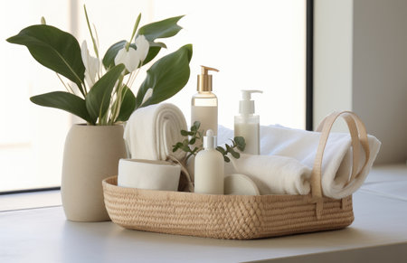 a basket with beauty supplies including soap, lotion, and cosmetic items.の素材