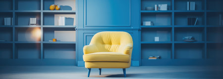 a blue, yellow and white chair that sits next to a display case with books.の素材