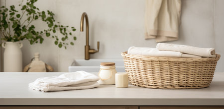 a basket with laundry is on the counter of a kitchen.の素材