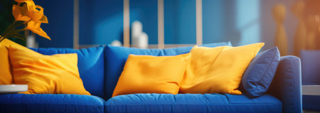 a blue couch with yellow cushions on it.の素材