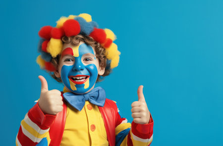 young little clown showing thumbs up in a colorful costume on yellow.の素材
