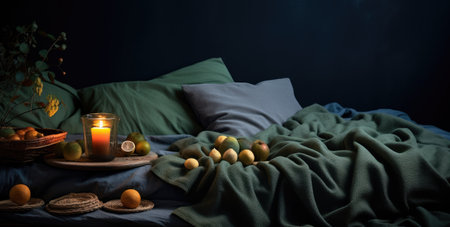 a bed with candles and basket on it.の素材