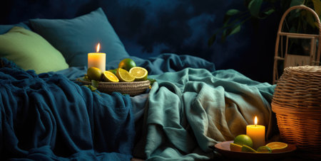 a bed with candles and basket on it.の素材