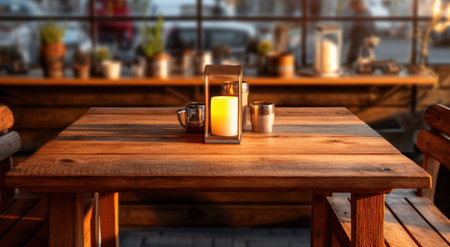 wooden table in restaurant or cafe with blurred lighting.の素材