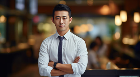 a Chinese business man in a white shirt and looking at camera.の素材