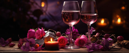 two glasses of wine and roses on a red table.の素材
