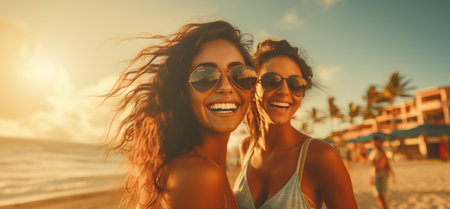 two girls in sunglasses are smiling in the background.の素材