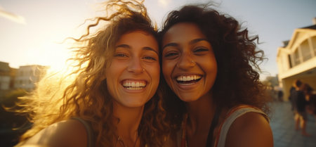 two women looking at the camera smiling with their friends.の素材