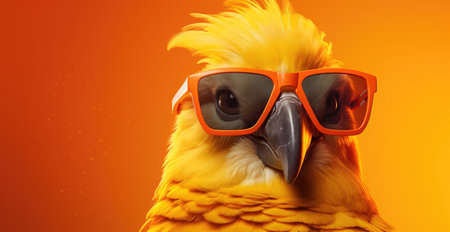 a bright yellow bird wearing sunglasses on an orange background.の素材