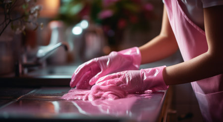 woman man in kitchen with pink gloves washing.の素材