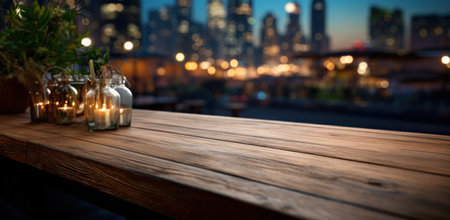 wooden dining table with blurry background while looking into the city.の素材
