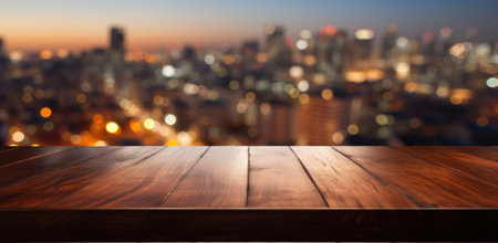 wooden dining table with blurry background while looking into the city.の素材