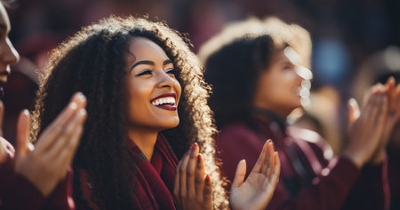 woman clapping with teammates at football game in sports.の素材